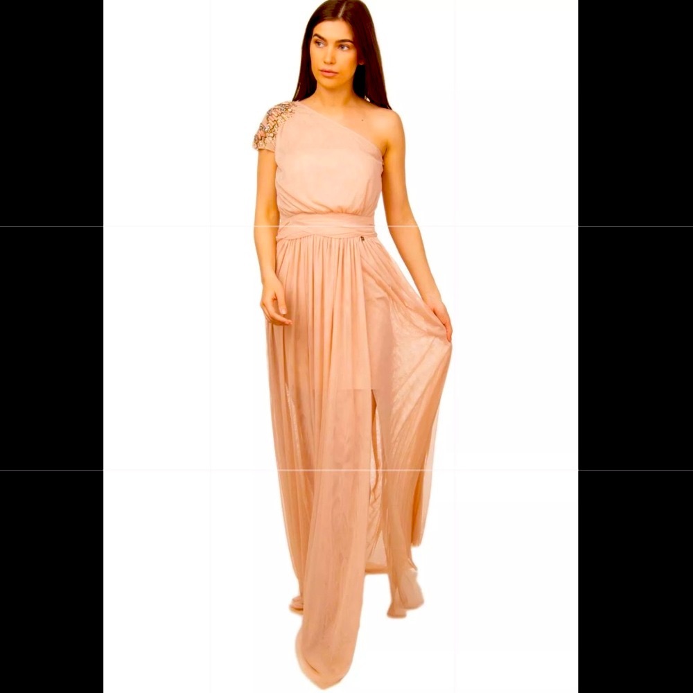 Tulle One Shoulder Embellished Gown Maxi Dress